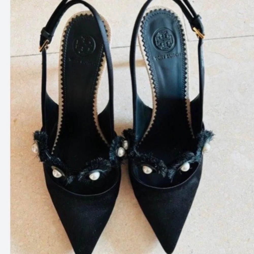 Tory Burch Pearl Black Pointed Toe Slingback Heels Size 9